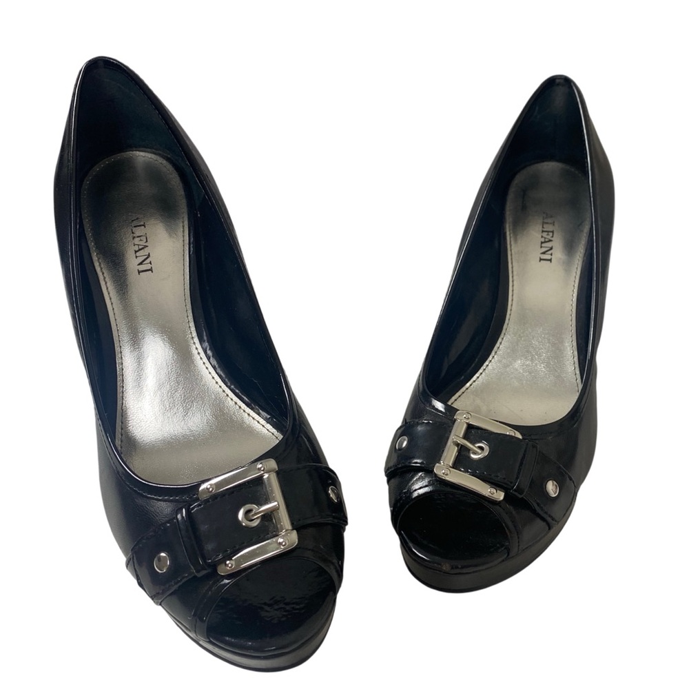 Alfani Shayla Black Leather Silver Buckle Peep Toe 3..25” Heel Pumps Size 6